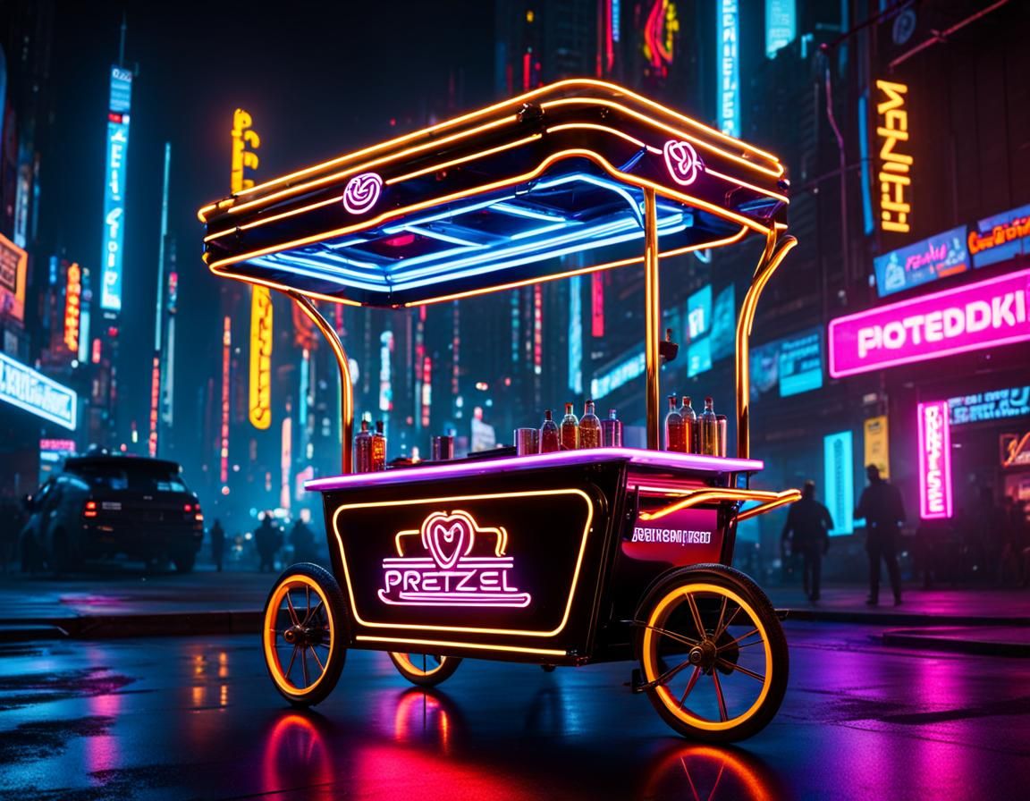 Neon Pretzel Cart in Cyberpunk Cityscape