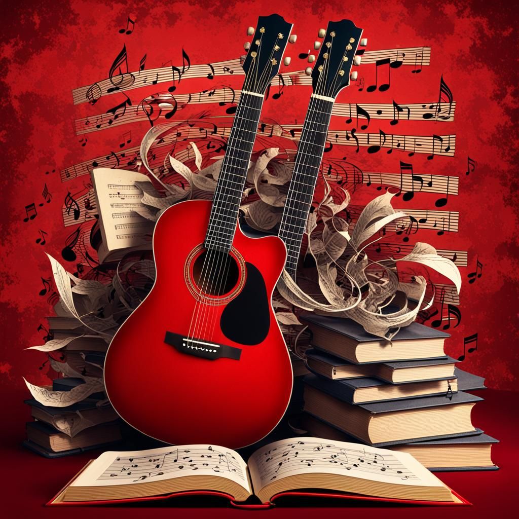 Guitar and Books in Dark Abstract Style