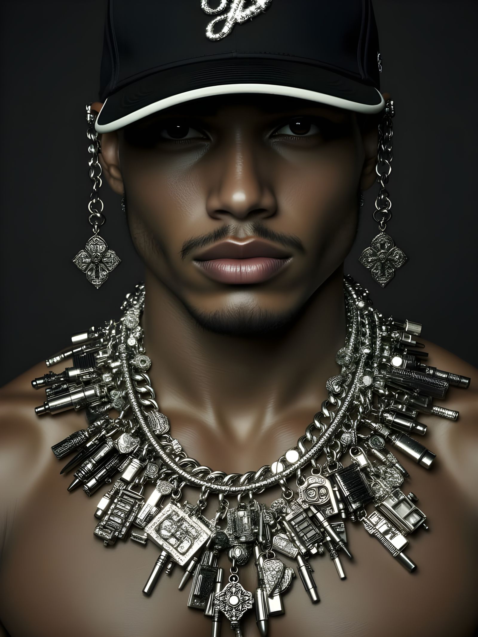 Man in Jeweled Cap: Hyperrealistic Silver Adornments