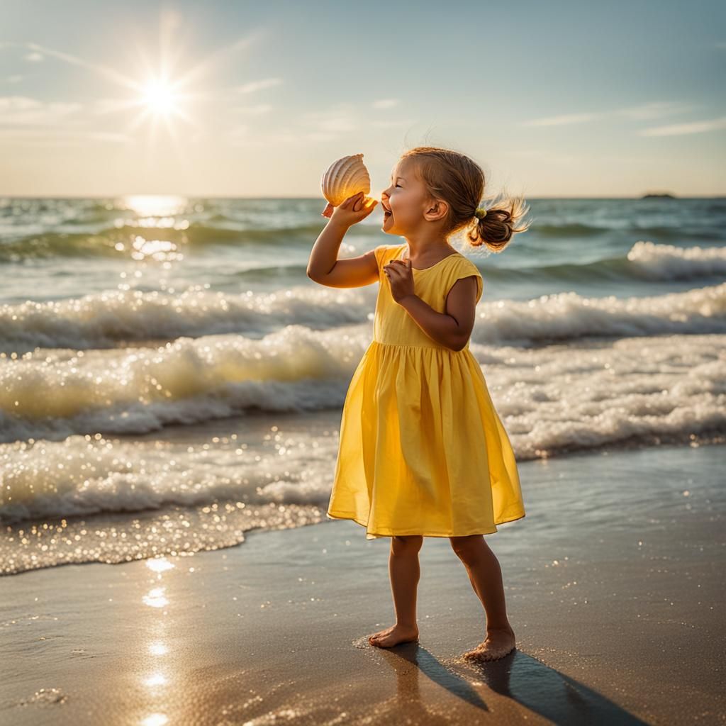 Girl by Ocean Listening to Seashell