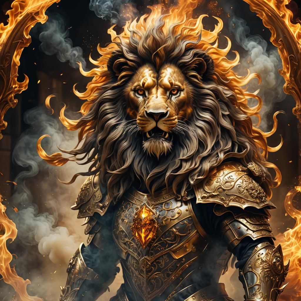 Fiery Smoke Lion in Golden Armor: Surreal Digital Art