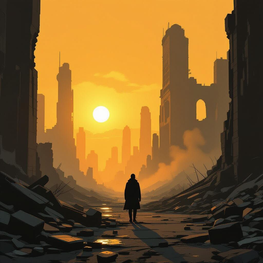 Ruins of Humanity: Golden Light in Dystopian City