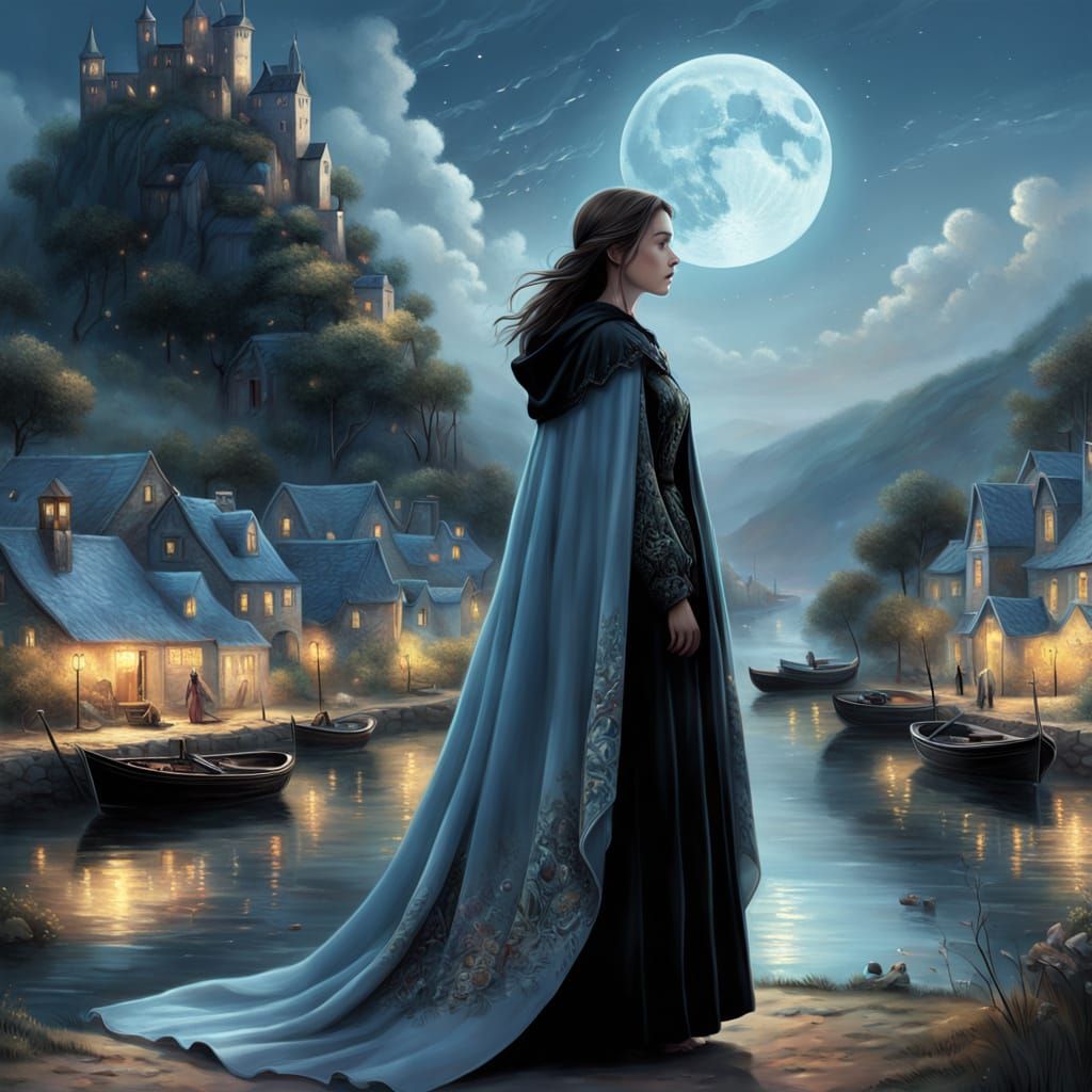 Gothic Realism: Woman in Cloak by Coastal Village