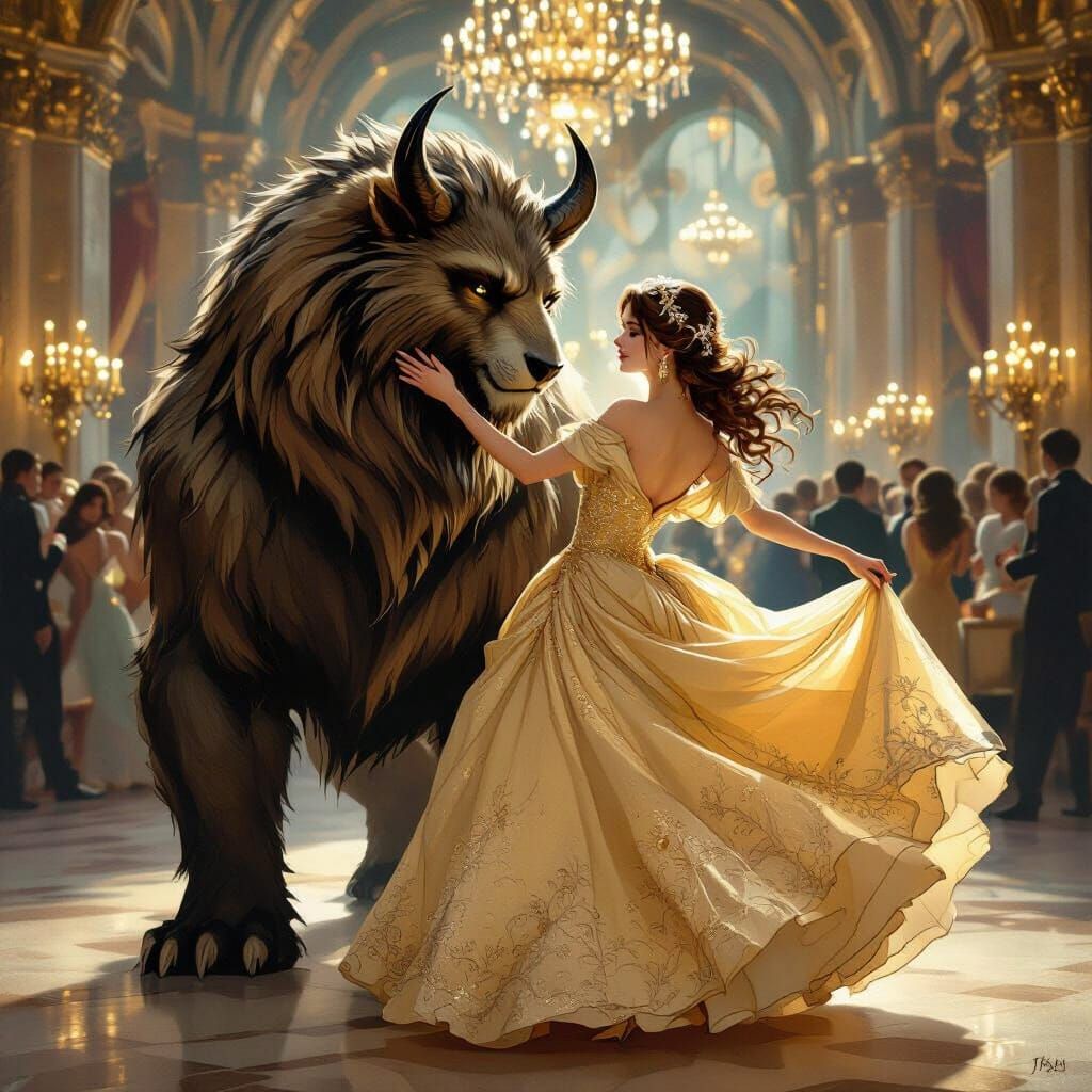 Elegant Woman Dances with Beast in Romantic Ballroom