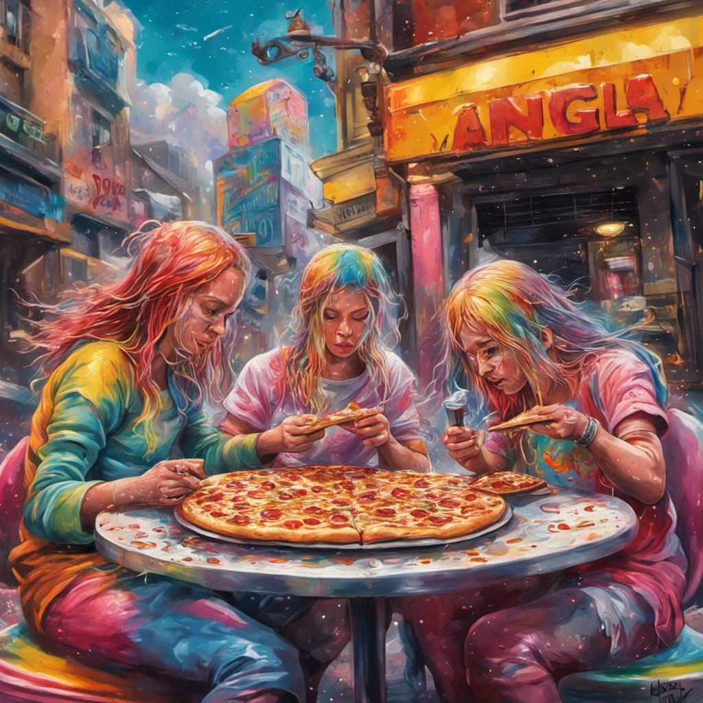 Angels Eating Pizza in Graffiti Street Art Style