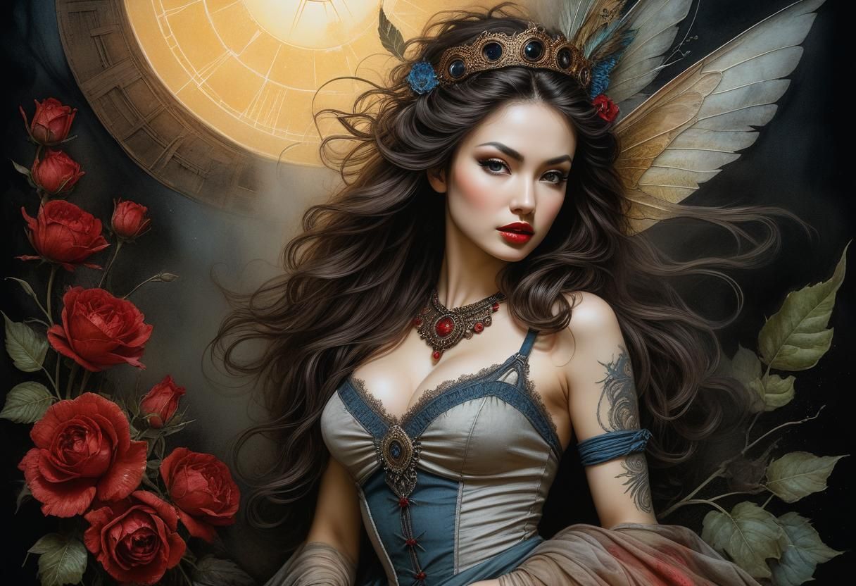 Surreal Gothic Maiden: Trompe L'Oeil Watercolor Painting