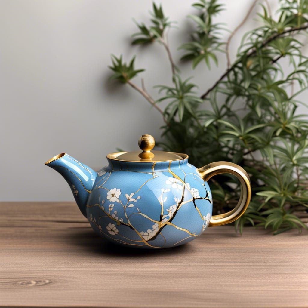 Kintsugi Teapot with Blue Floral Design