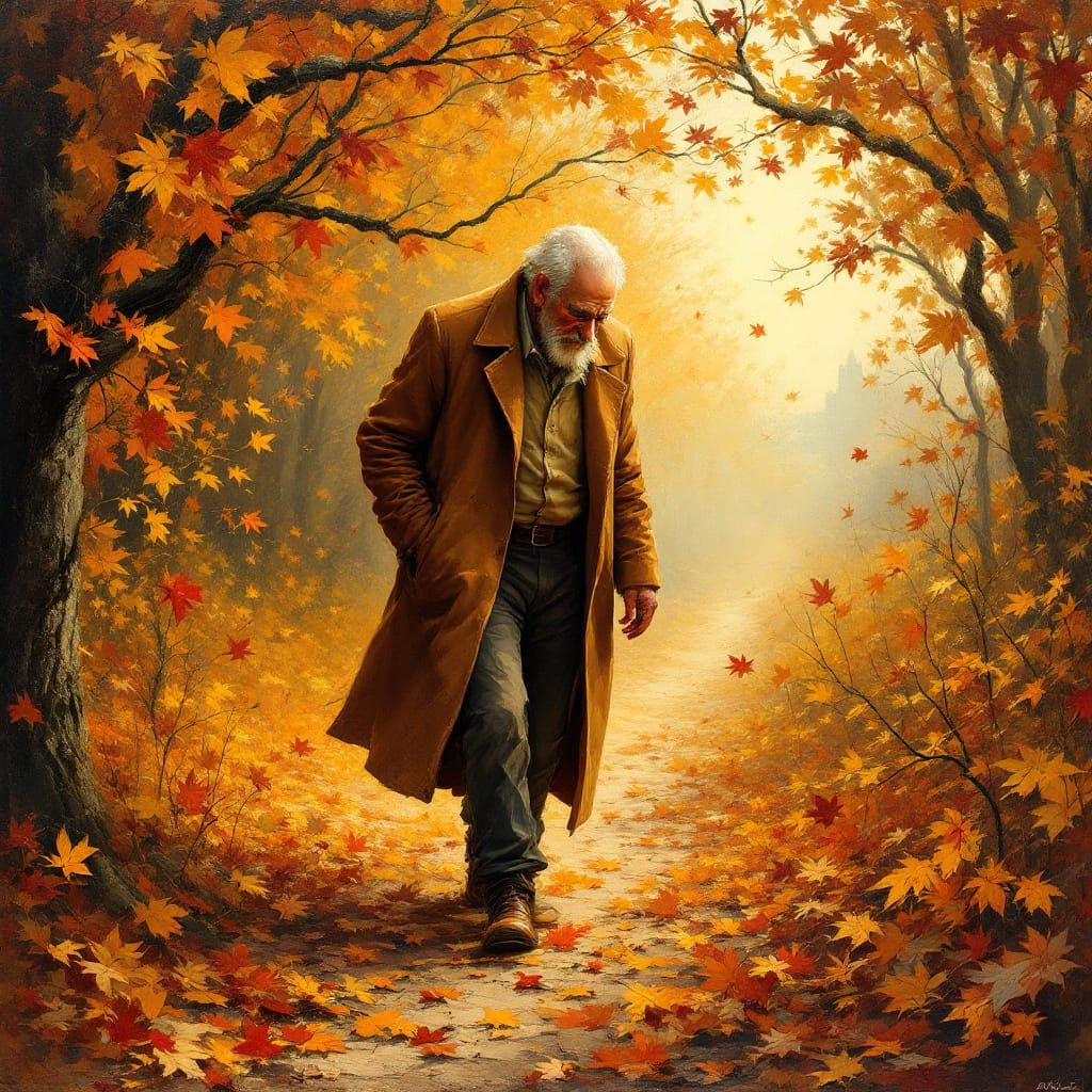 Autumnal Memory: Old Man in Swirling Leaves as Impasto Paint...