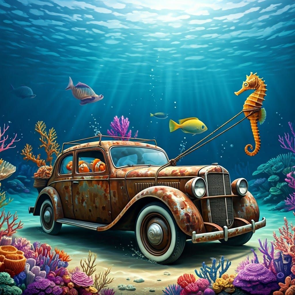 Underwater Seahorse Taxi: Chinese Ink Drawing