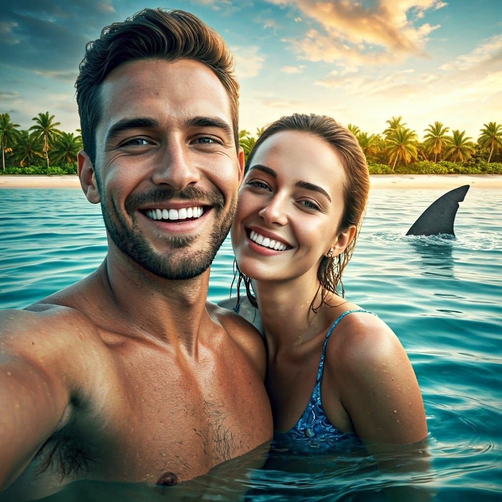 Hyperrealistic Selfie of Couple with Shark Fin