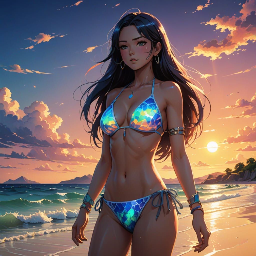 Vibrant Anime Beach Scene with Romanian Woman in Opal Bikini