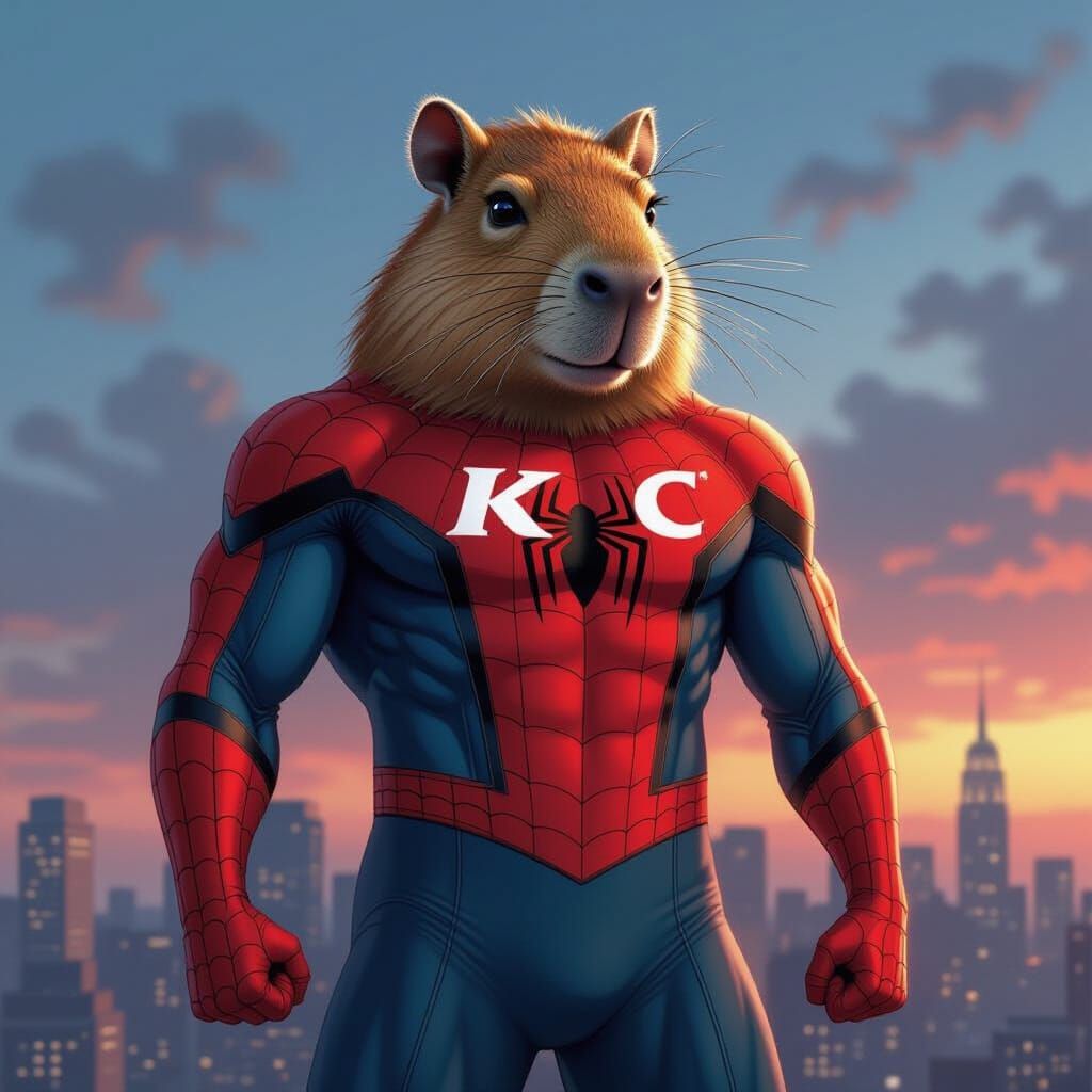 Capybara Spider-Man in KFC Suit at Dusk