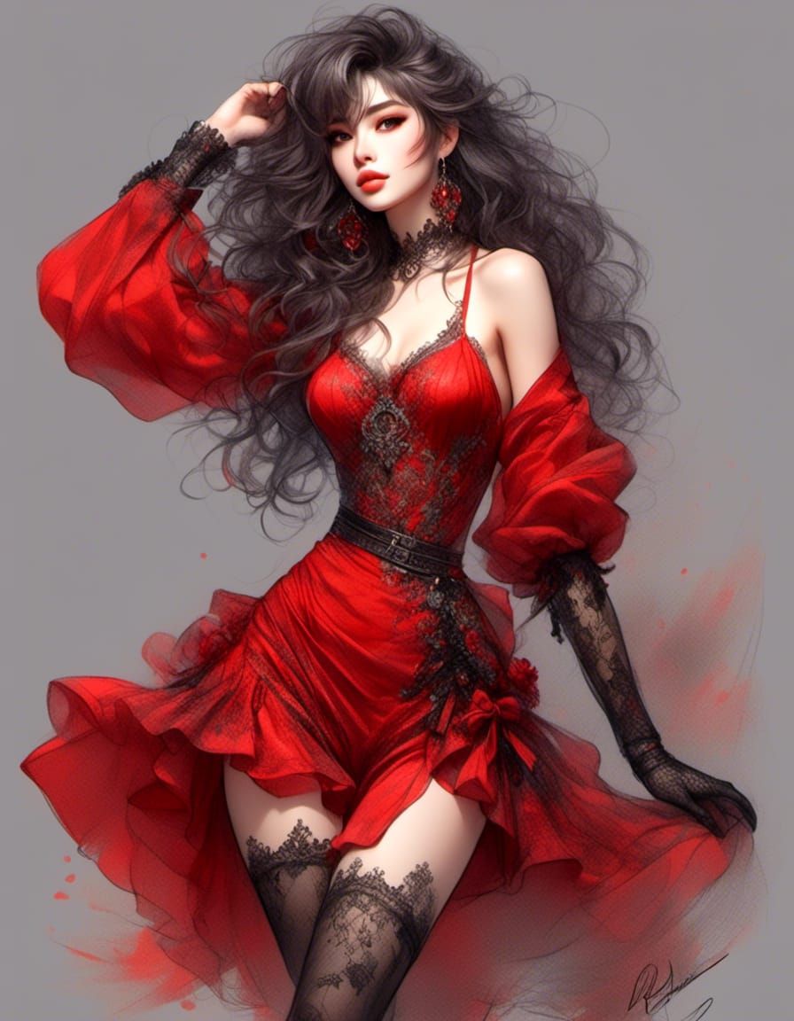 Anime Babe in Red Dress: Detailed Color Sketch