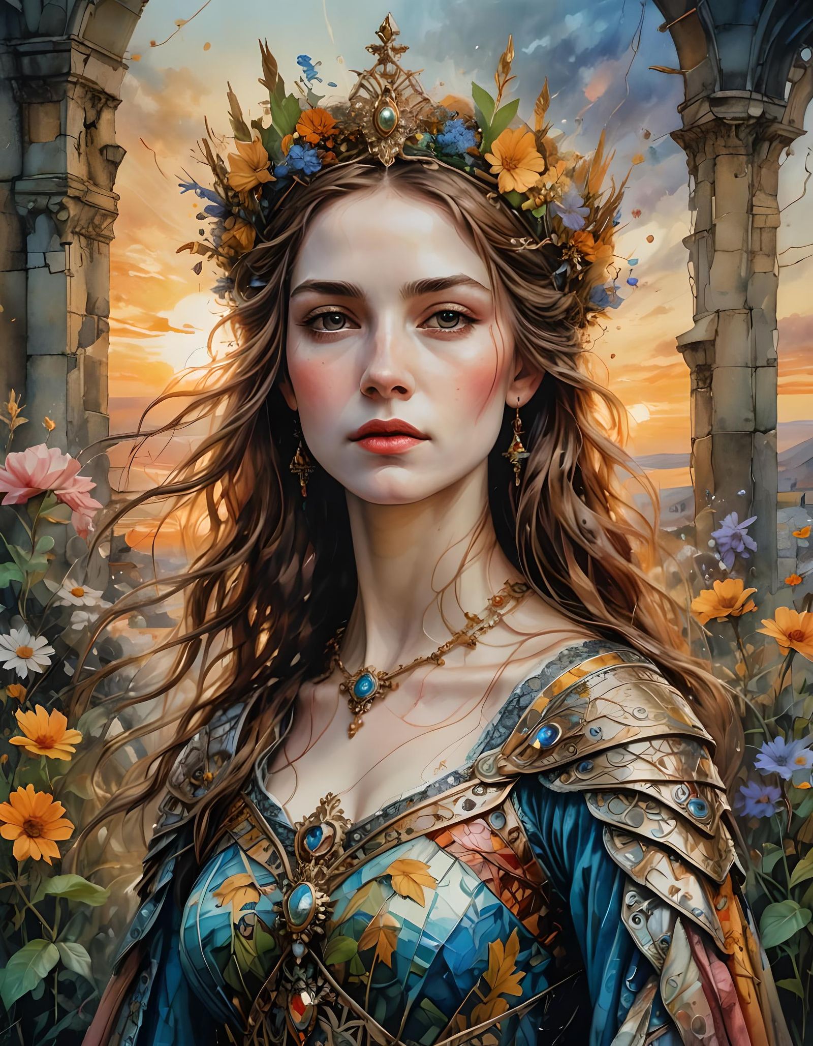 Medieval Queen Portrait in Watercolor Art Style