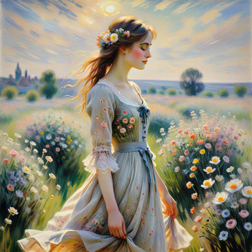 Surreal Impressionist Floral Landscape with a Girl in a Wate...