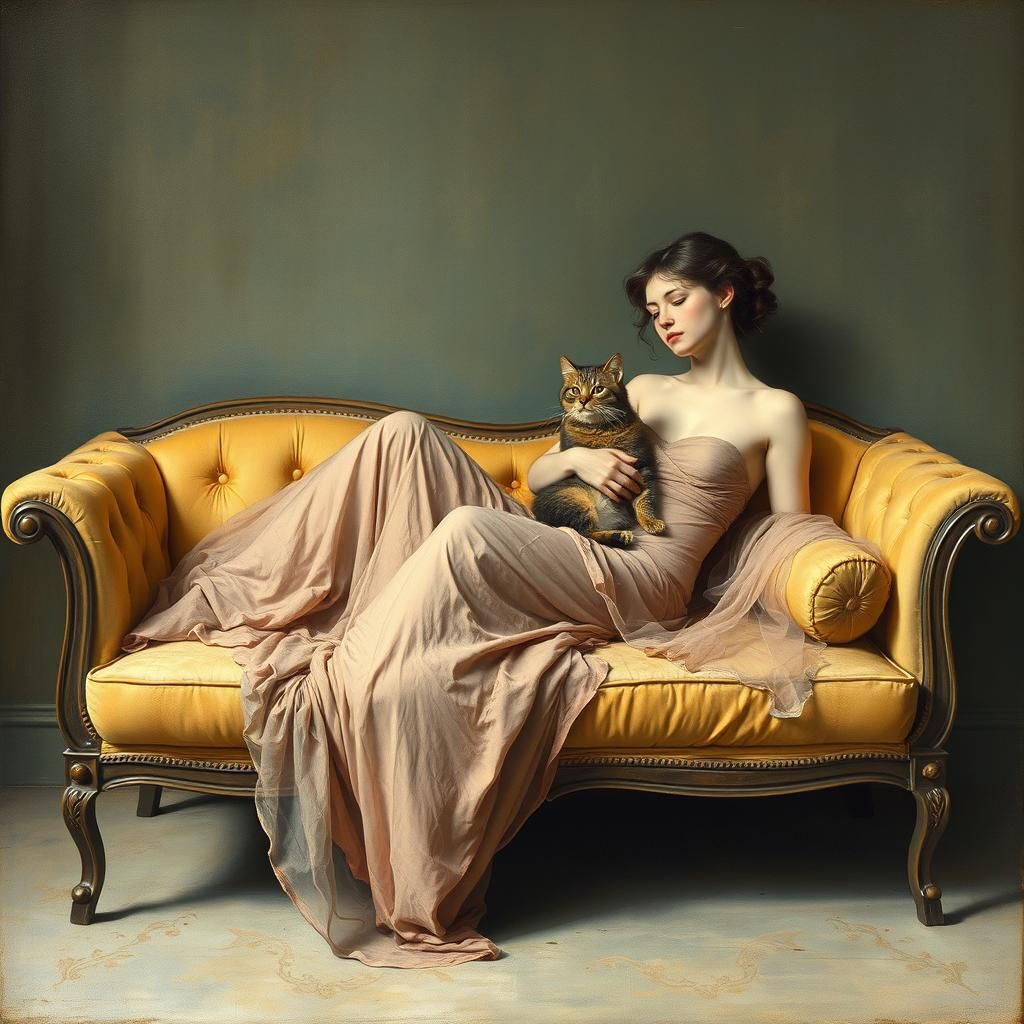 Ethereal Woman with Cat: Surreal Art Style