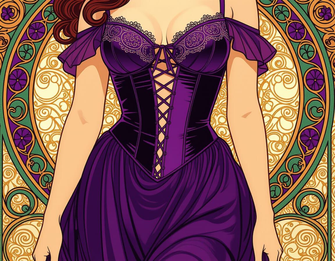 Woman's Waist in Art Nouveau Style Purple Lingerie