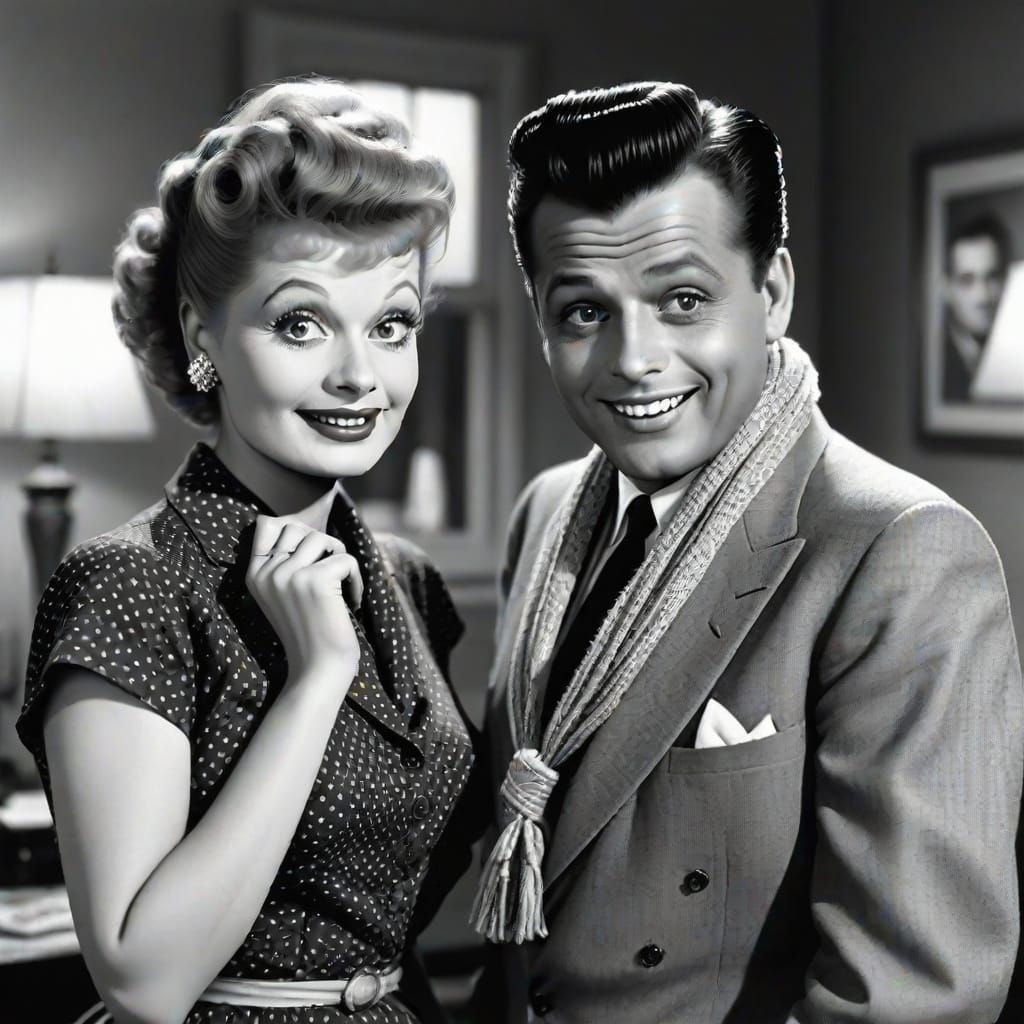 b&w tv show, " I Love Lucy", starring Lucille Ball and Desi Arnaz in NYC apt.