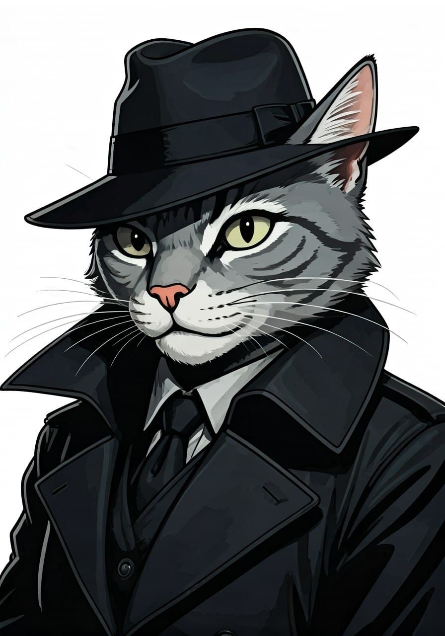 Gritty Neo-Noir Cat Detective in Black and White