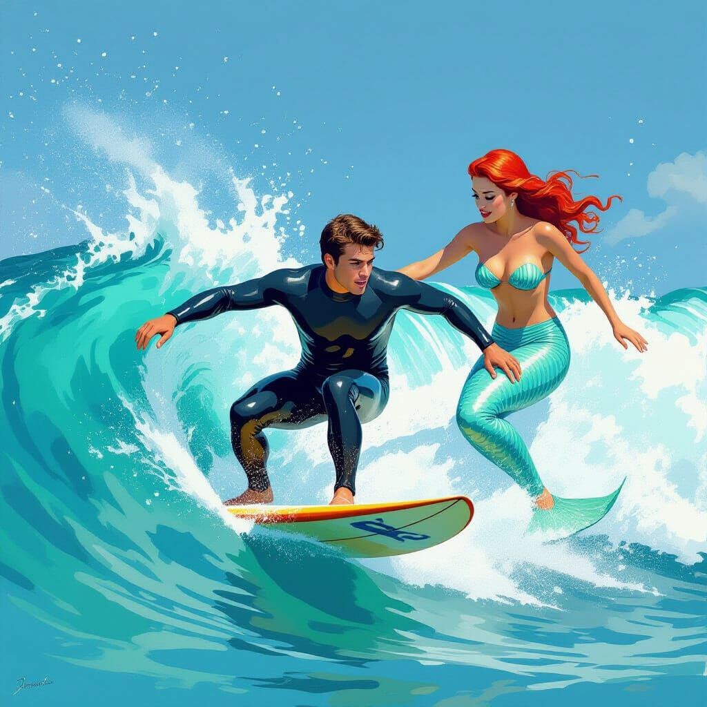 Surfer Pulled Underwater by Mermaid in 1963 Beach Scene