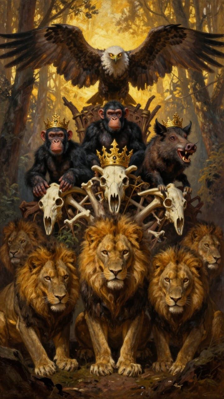 Dark Fantasy Forest Scene with Lions and Dominant Beasts