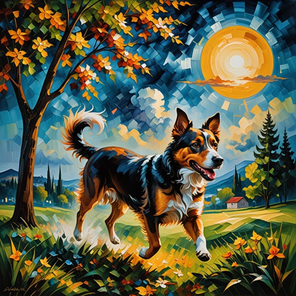 Dramatic Oil Painting of a Happy Dog in a Lush Green Landsca...