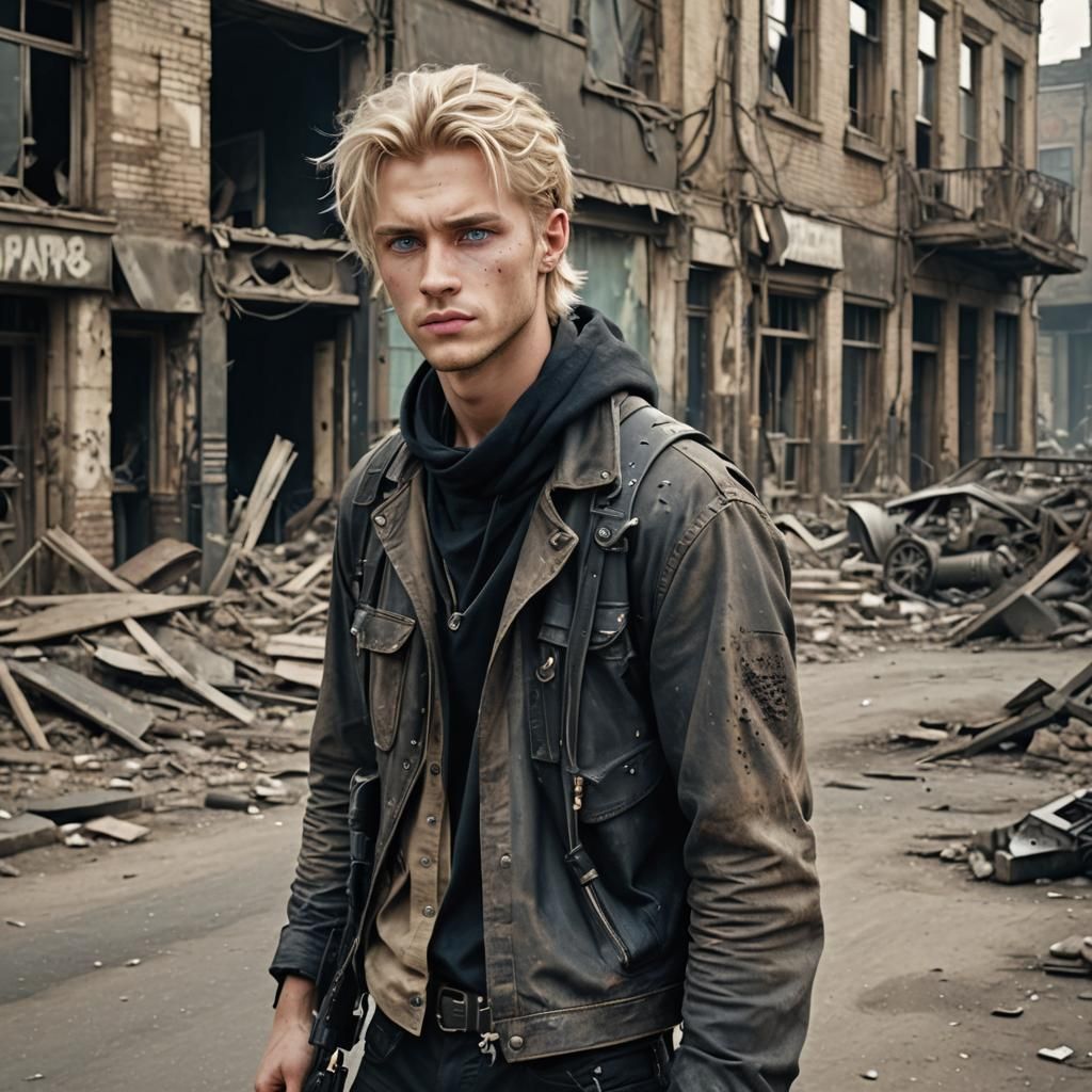 Handsome Survivor in Post-Apocalyptic Cityscape