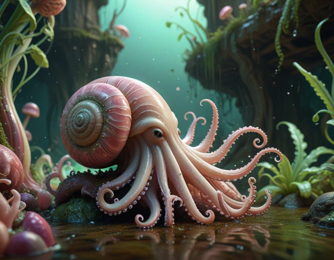 Fantastical Squid-Snail Hybrid in Deep, Dreamlike Beige and...