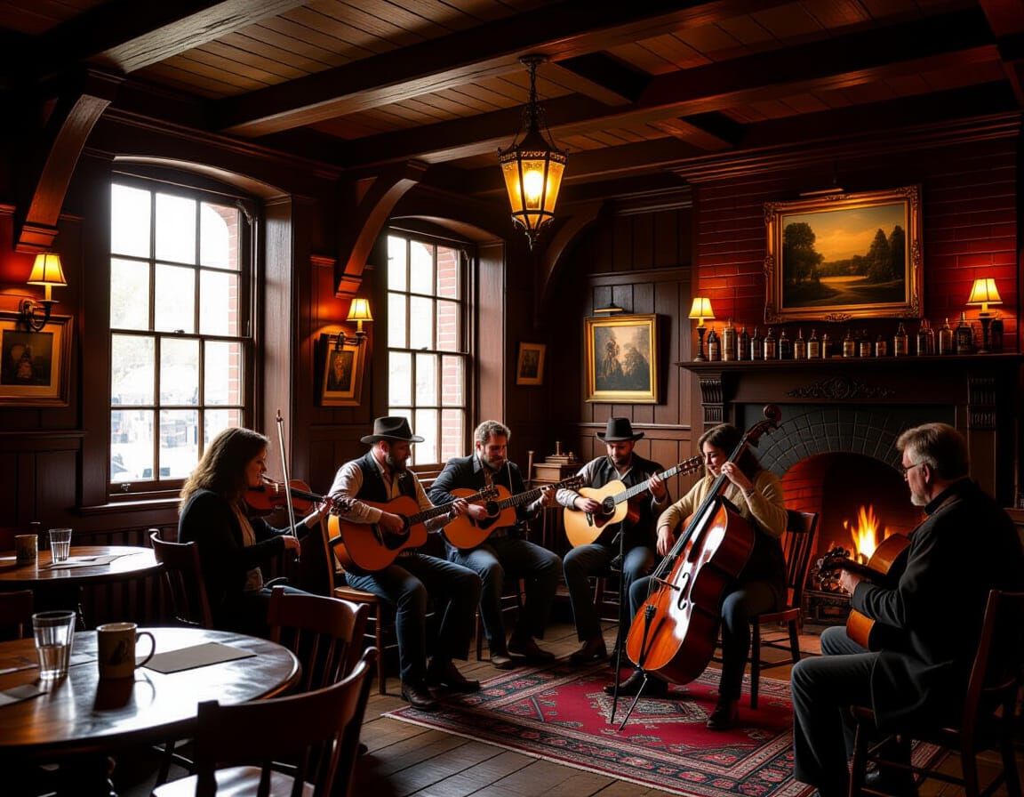 Lively Folk Music Session in Dimly Lit Pub