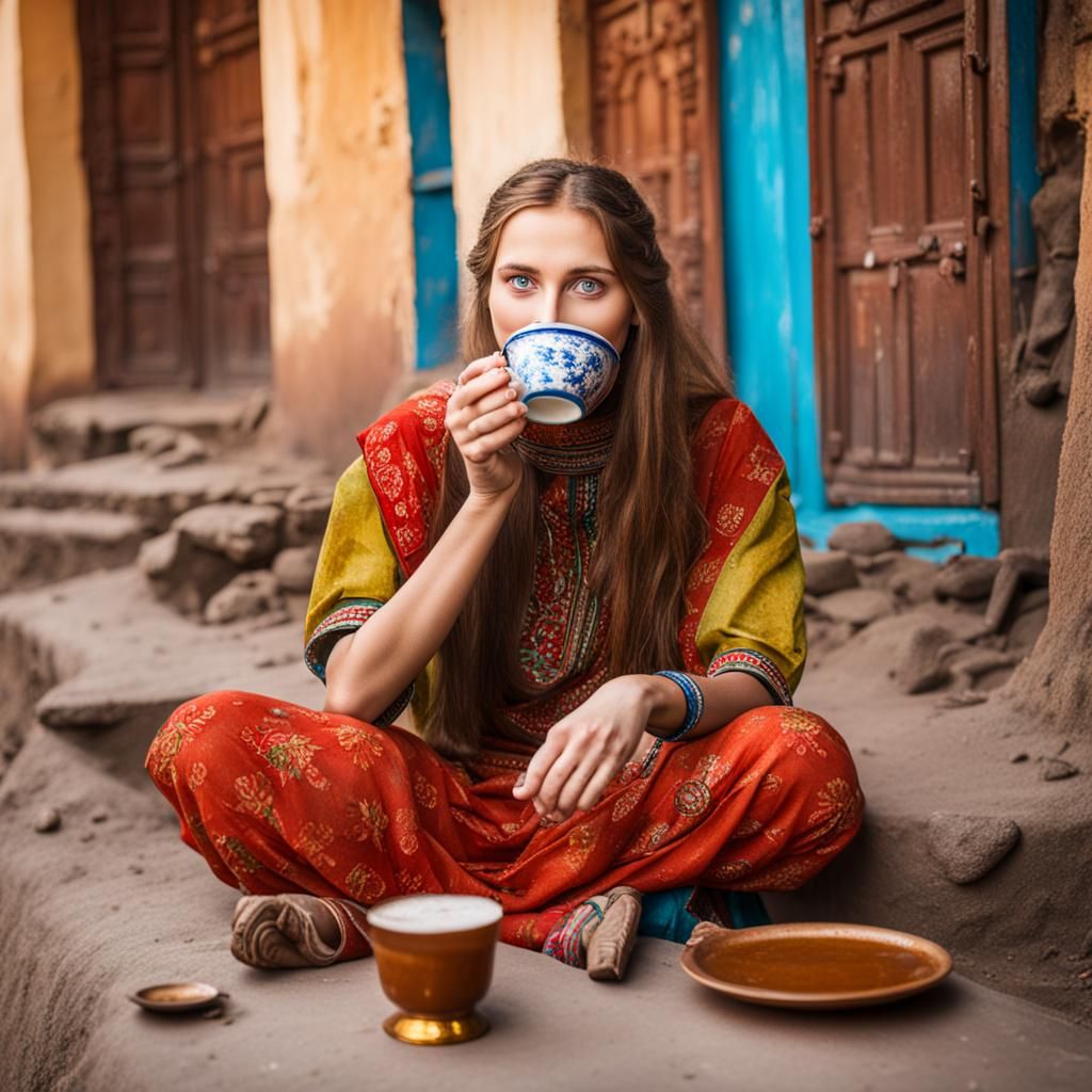 A  young woman drinking tea