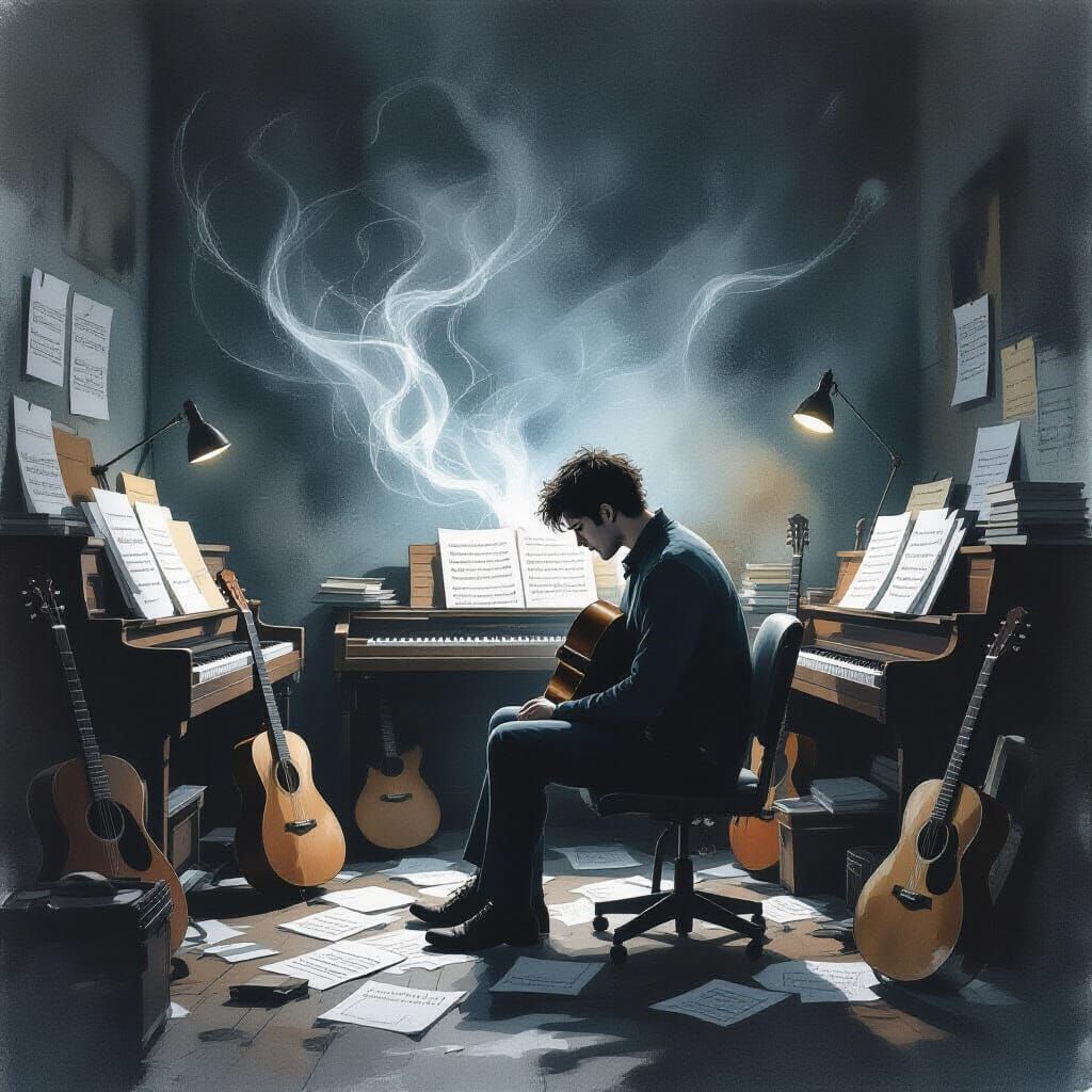 Melancholic Musician in Dimly Lit Studio