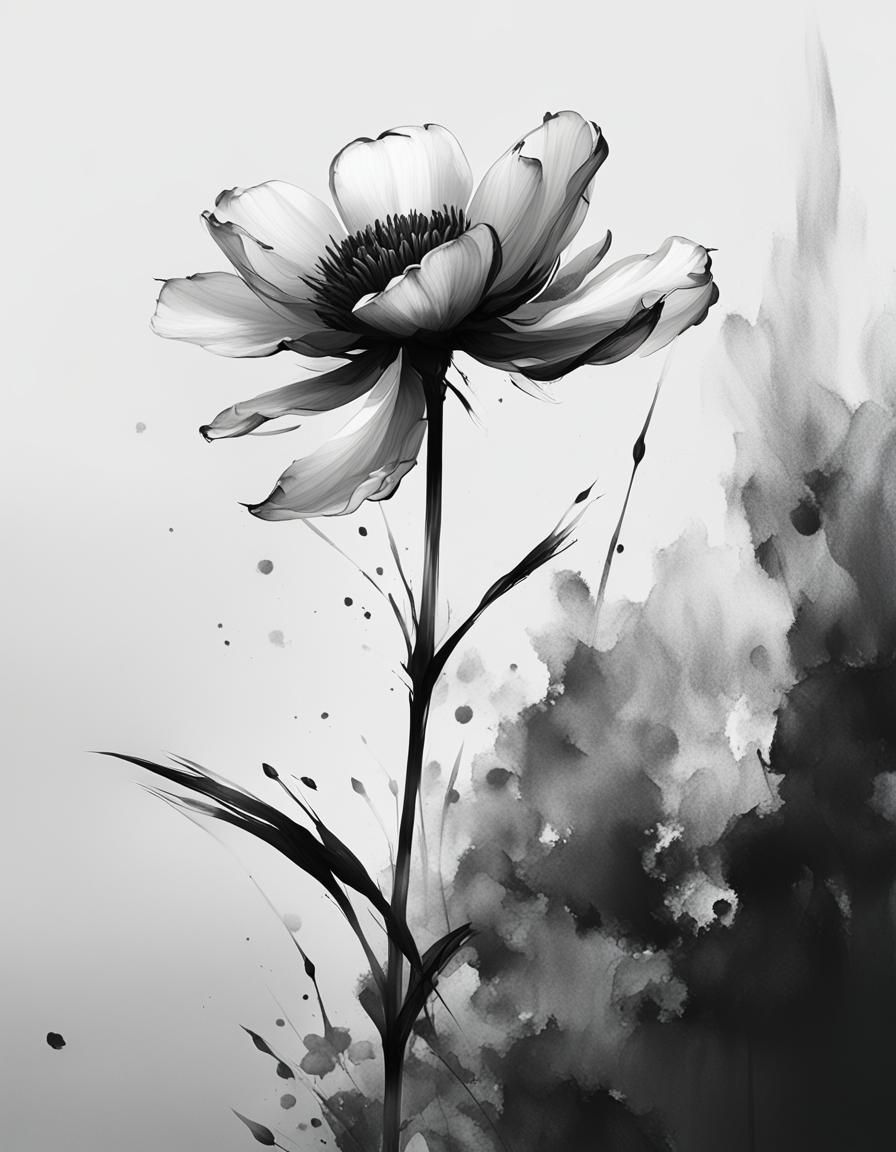 Minimalist Sumi-e Style Flower Ink Painting