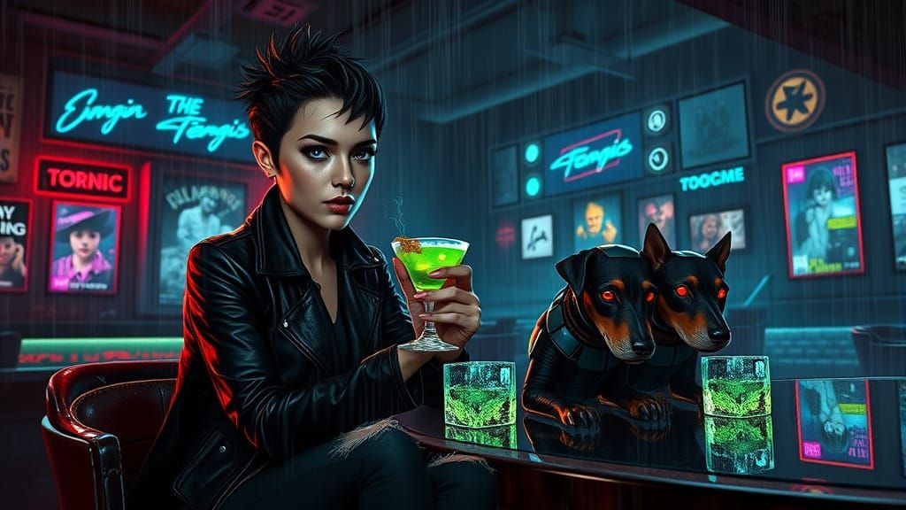 Mysterious Woman in Cyberpunk Pub