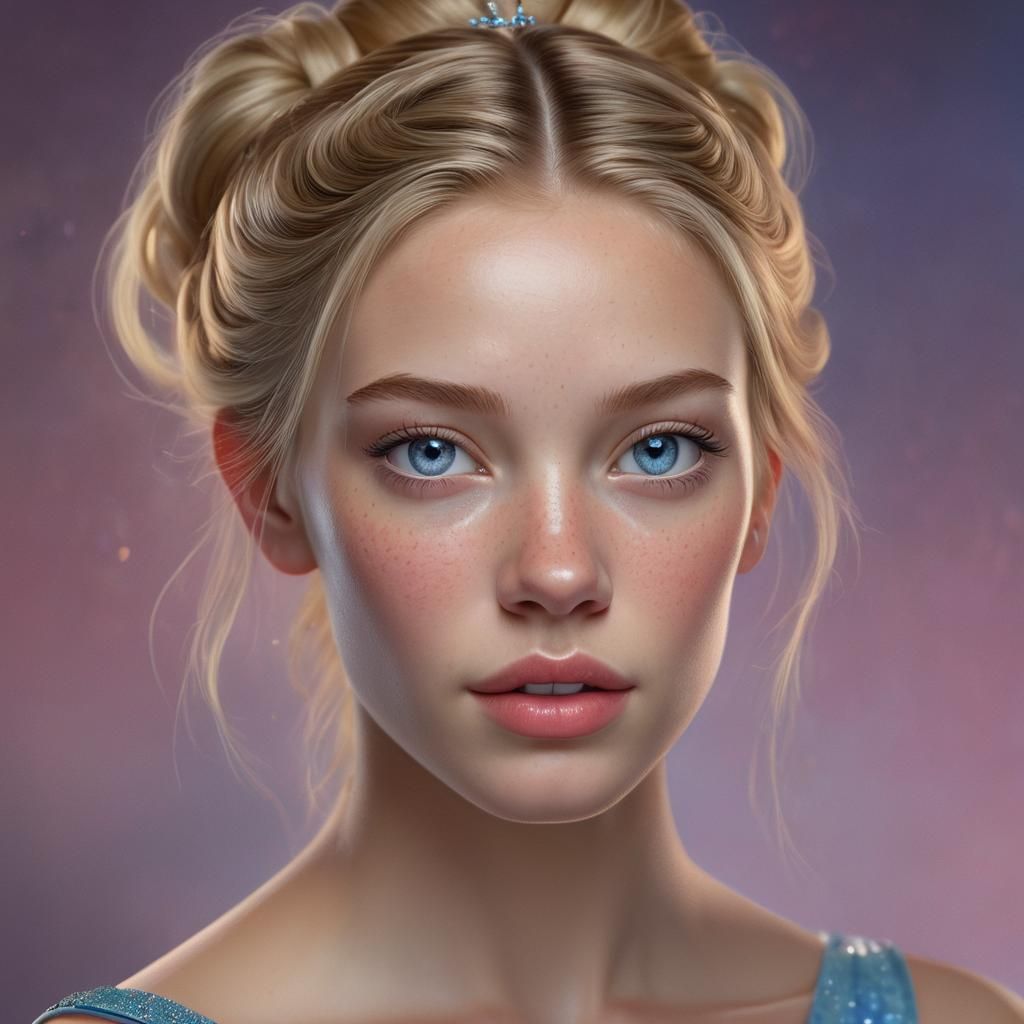 Hyperrealistic Cinderella Portrait with Sparkly Blue Eyes