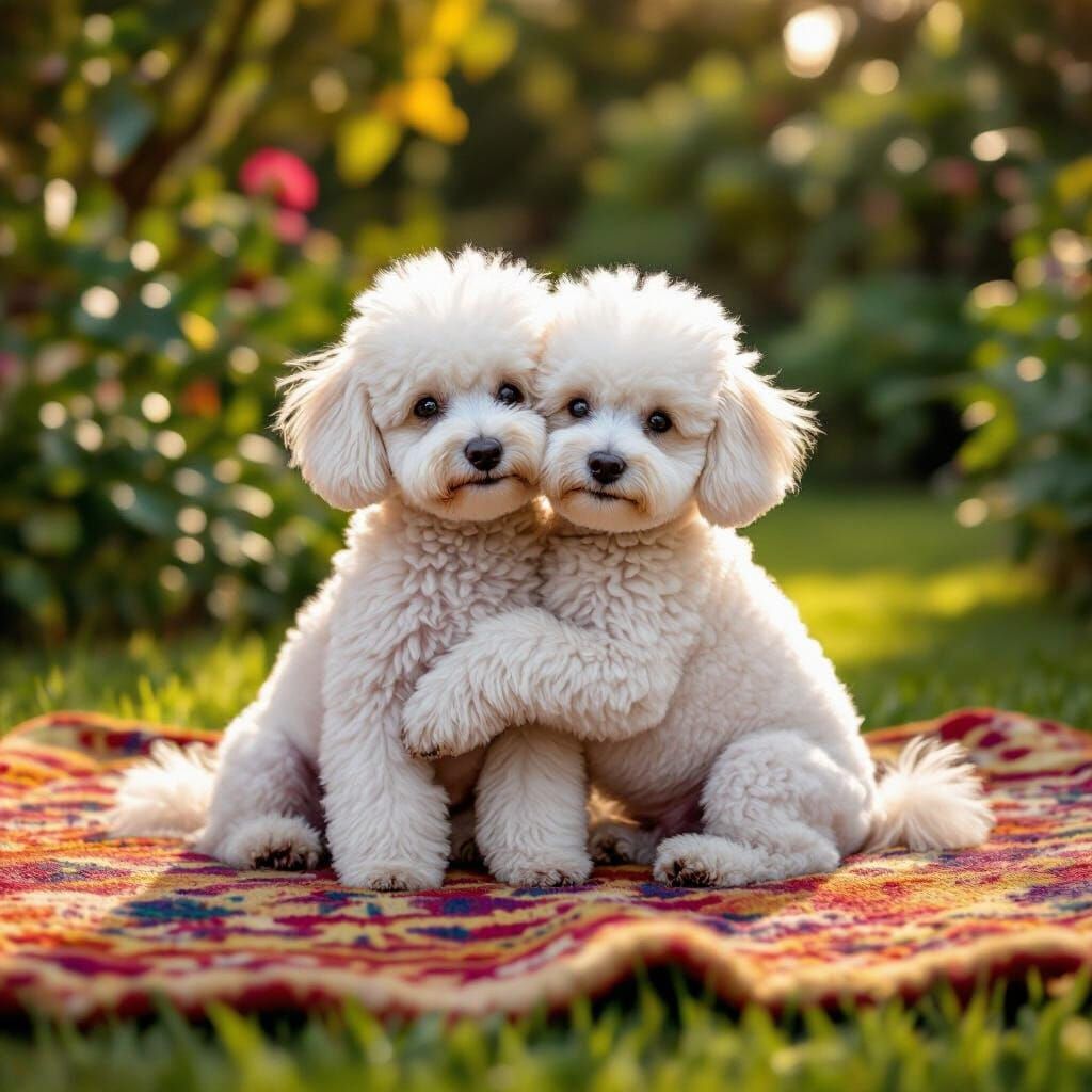 Toy Poodles Cuddling in Garden, Cinematic Film Style