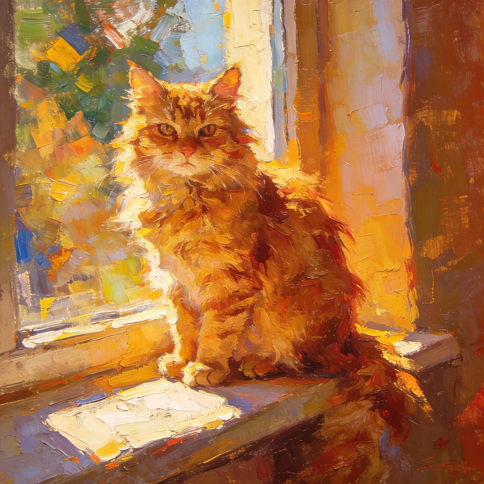 Fluffy Ginger Cat in Warm Sunlight, Impasto Painting