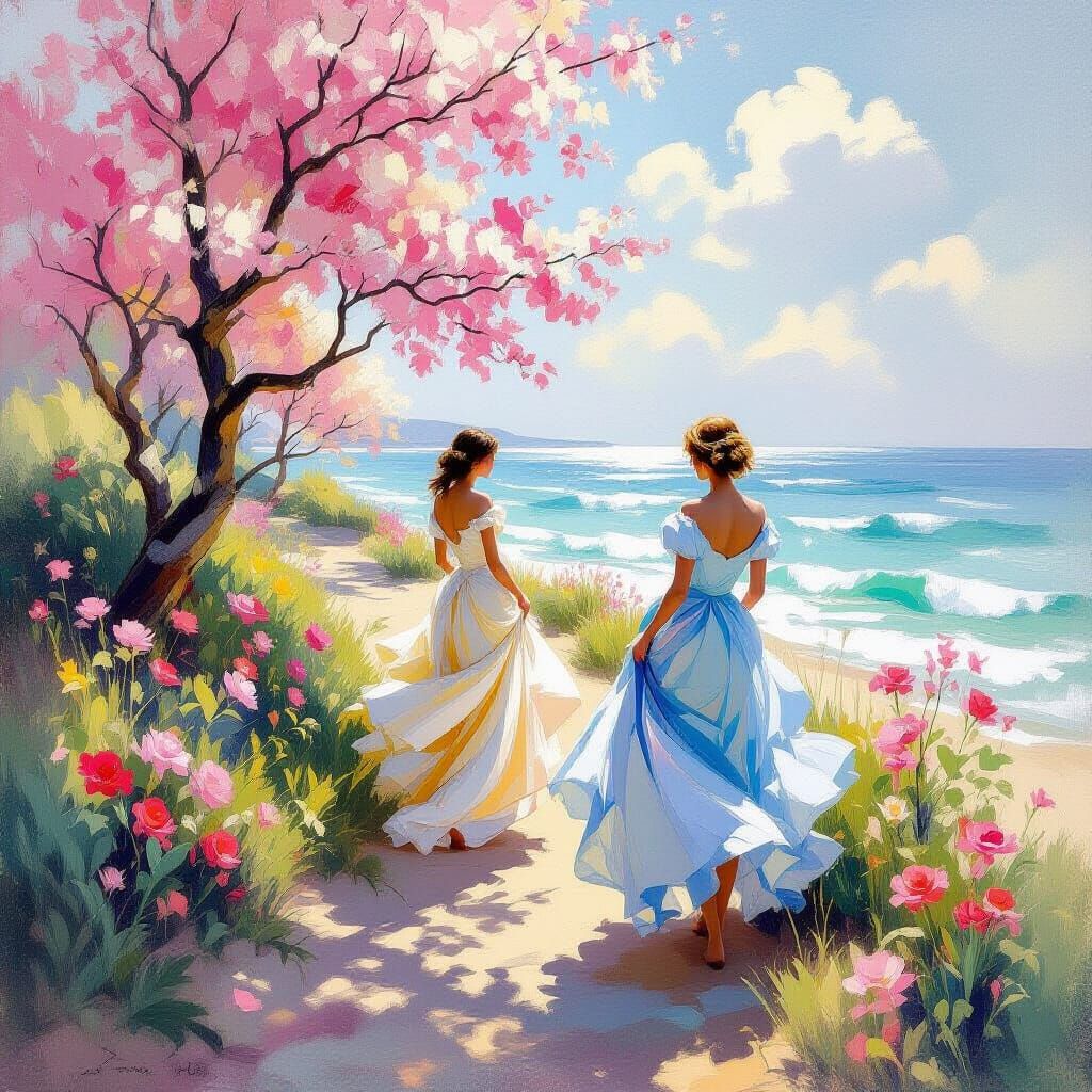 Impressionist Rococo Swirl of Pink, Blue and Yellow