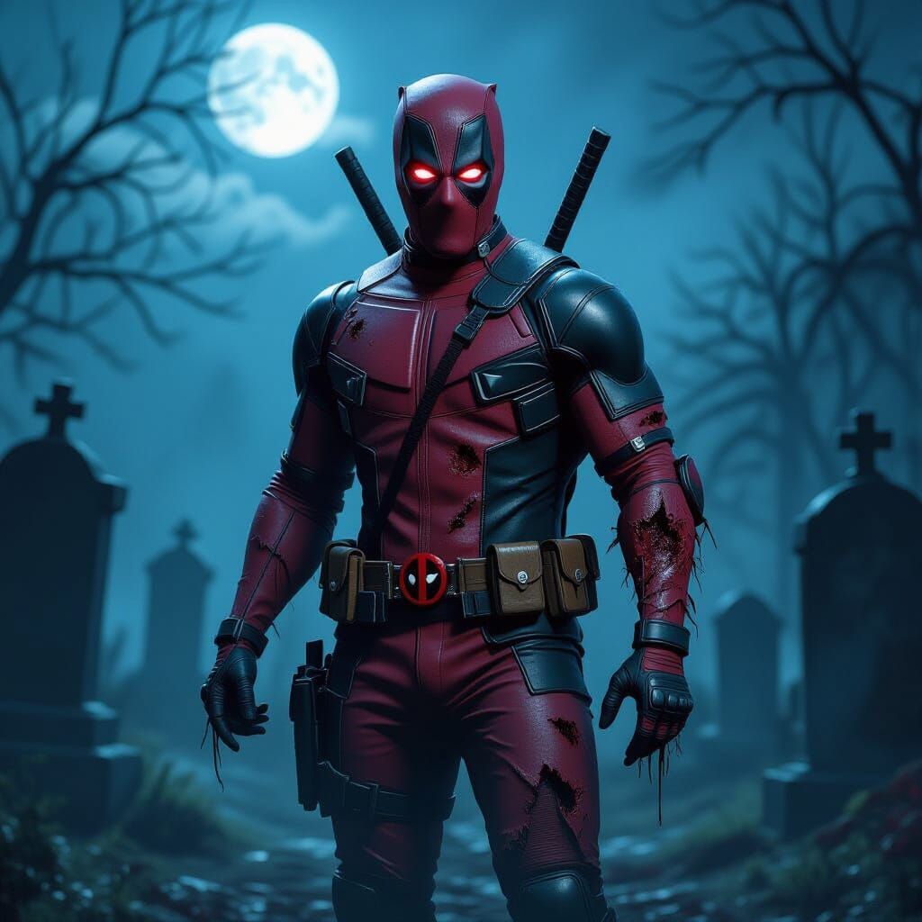 Deadpool's Gruesome Zombie Halloween Costume in Graveyard