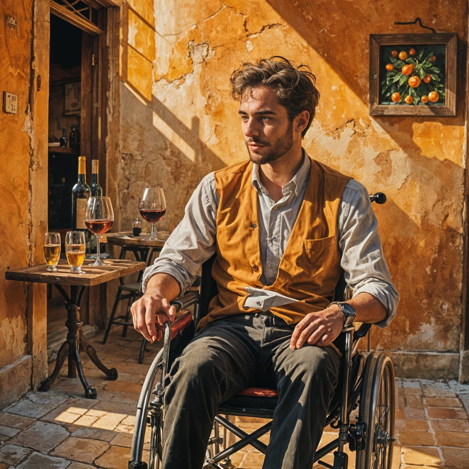 Young Man in Wheelchair Drinks Wine in Spain