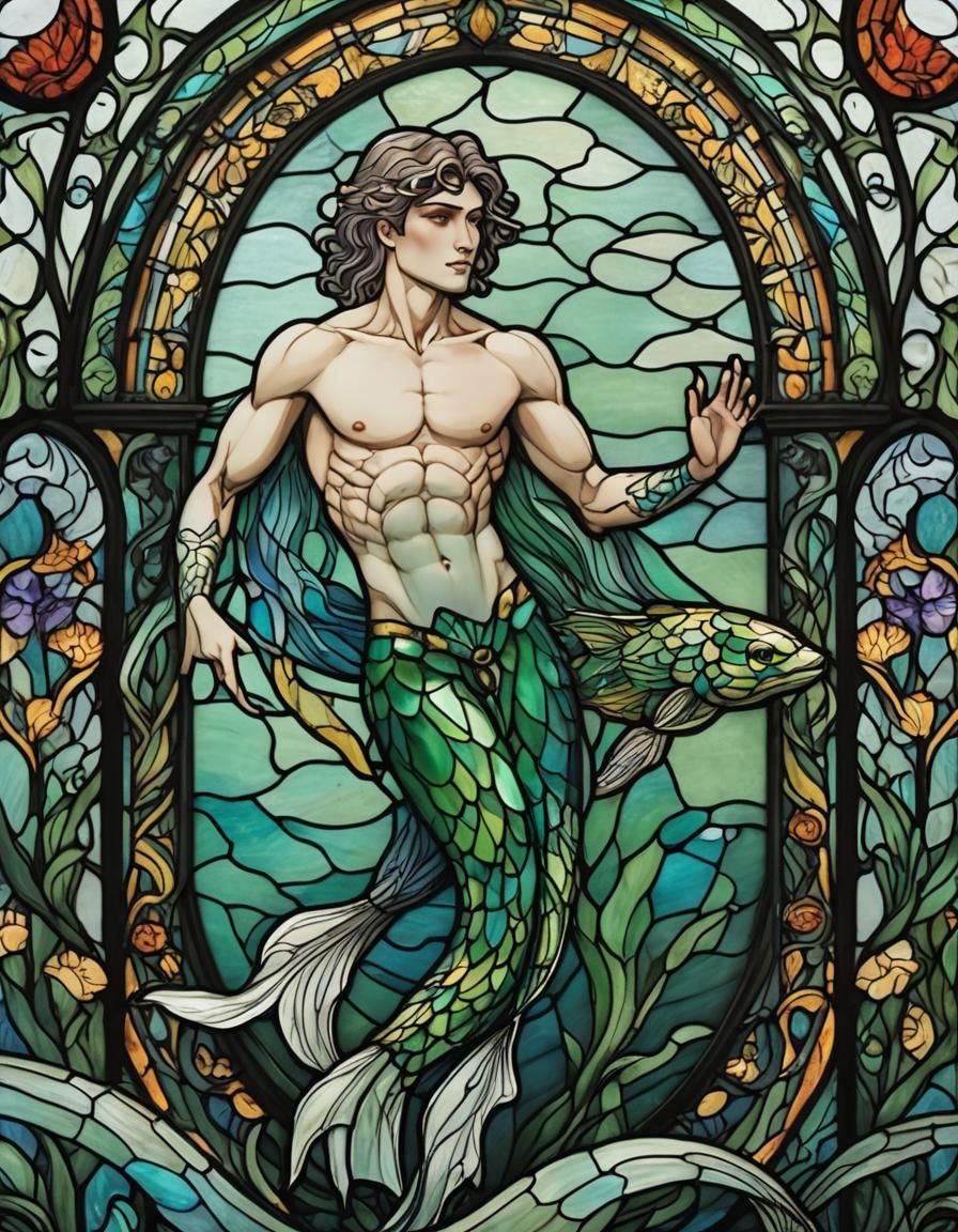 Art Nouveau Merman in Gothic Stained Glass