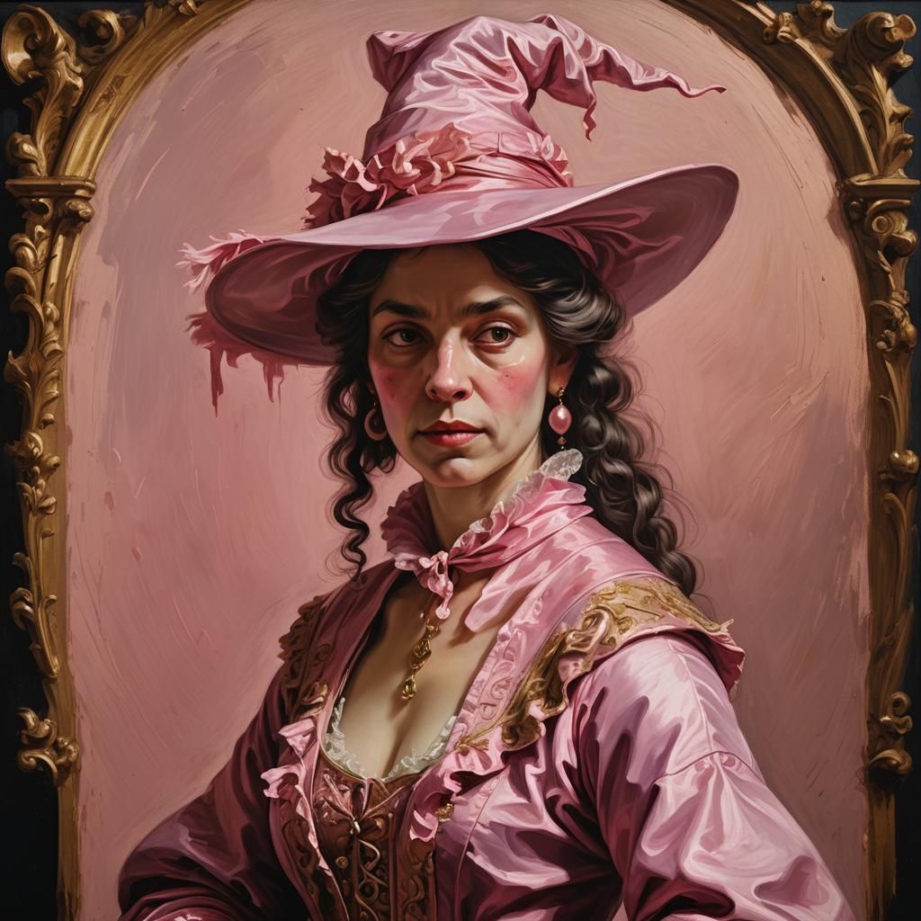Baroque Oil Painting of a Witch in Pink