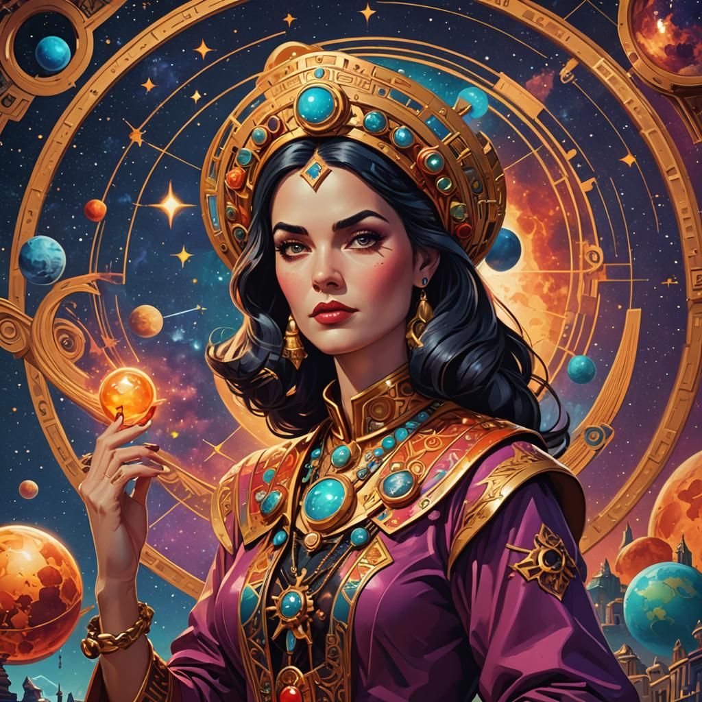 Cartoon Astrologer Woman in Pop Art Style