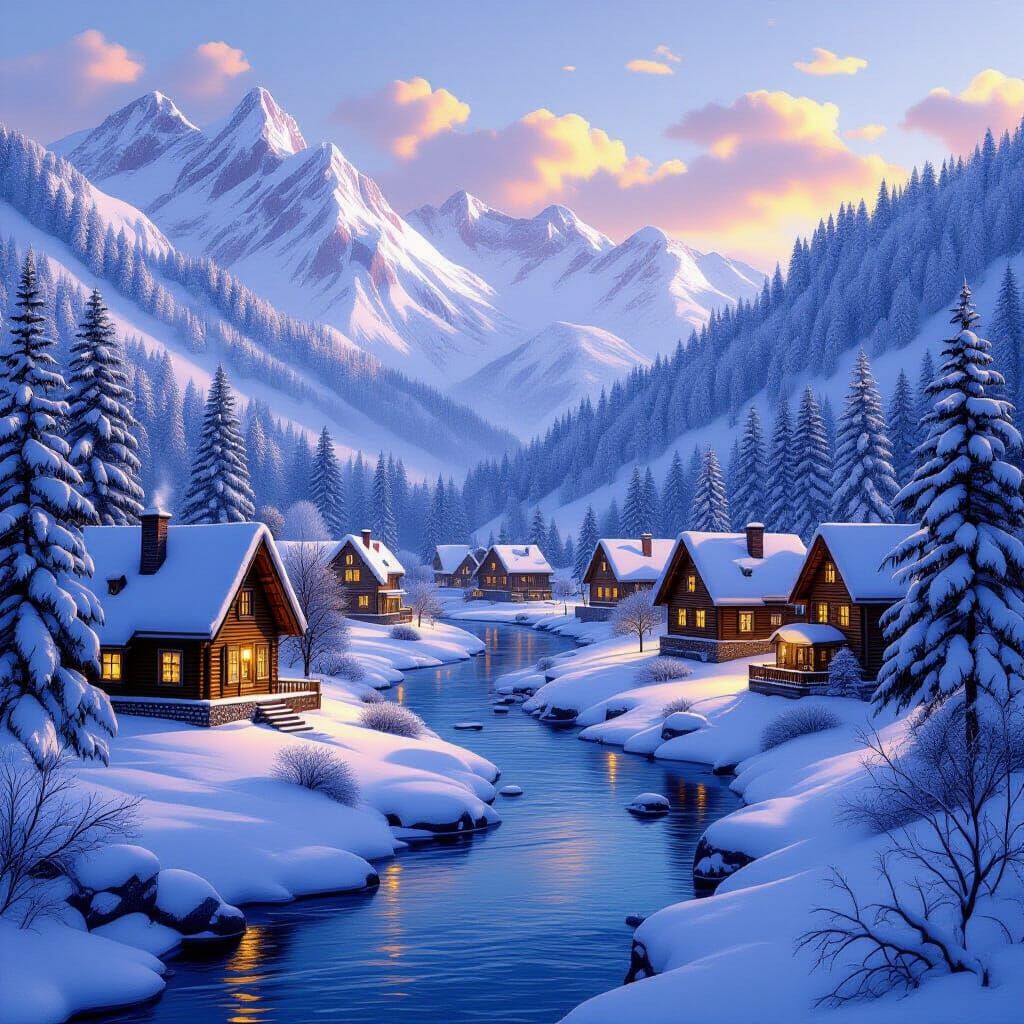 Idyllic Winter Village Nestled in Snowy Mountains