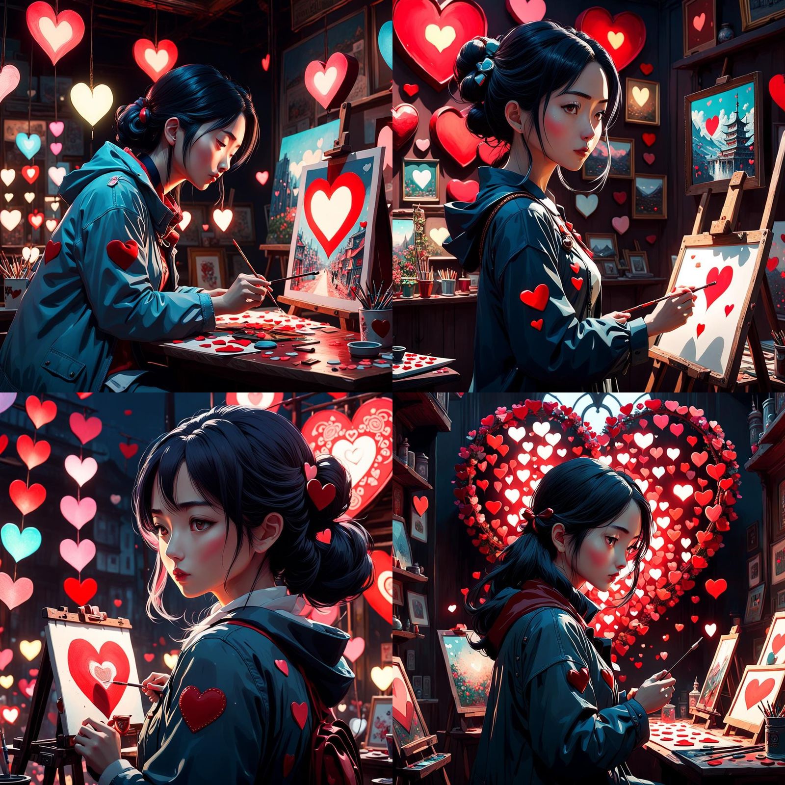 Girl Painting Hearts: Whimsical Maximalist Masterpiece
