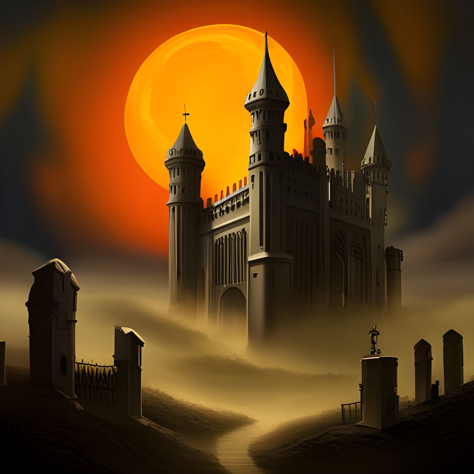 Gothic Castle Painting Over Misty Graveyard