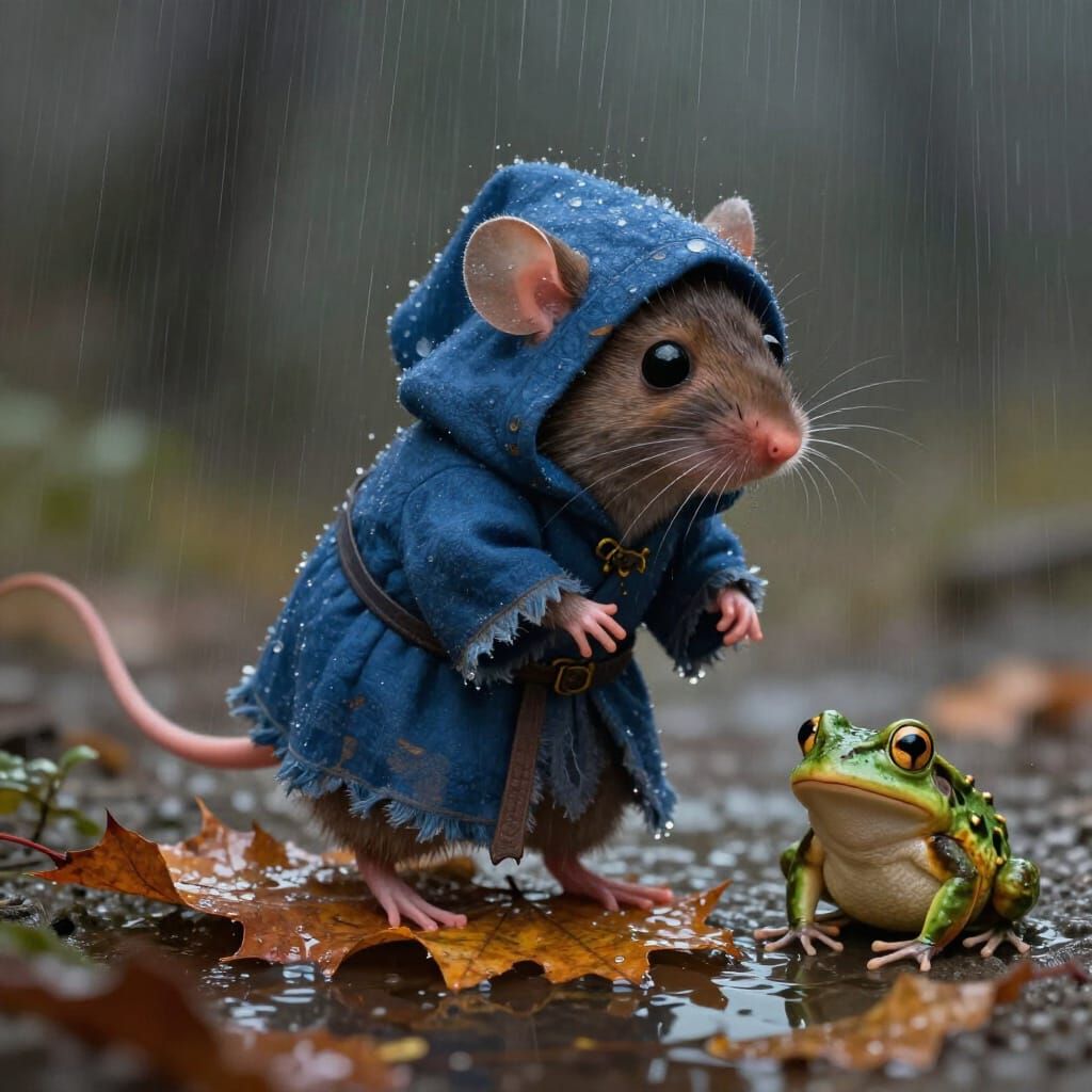 Shivering Mouse in Medieval Robe Walks in Rain