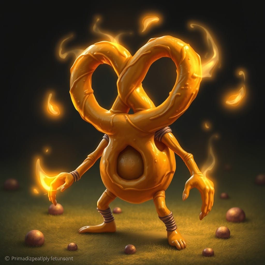 Whimsical Pretzel Creature in Ethereal Landscape