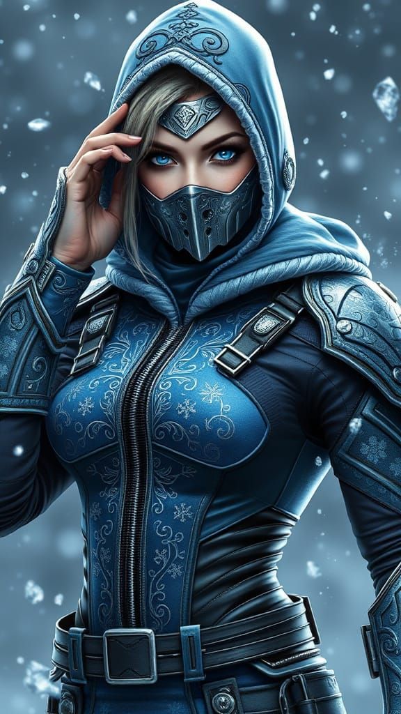 Female Warrior in High-Tech Combat Suit with Icy, Battle-Har...