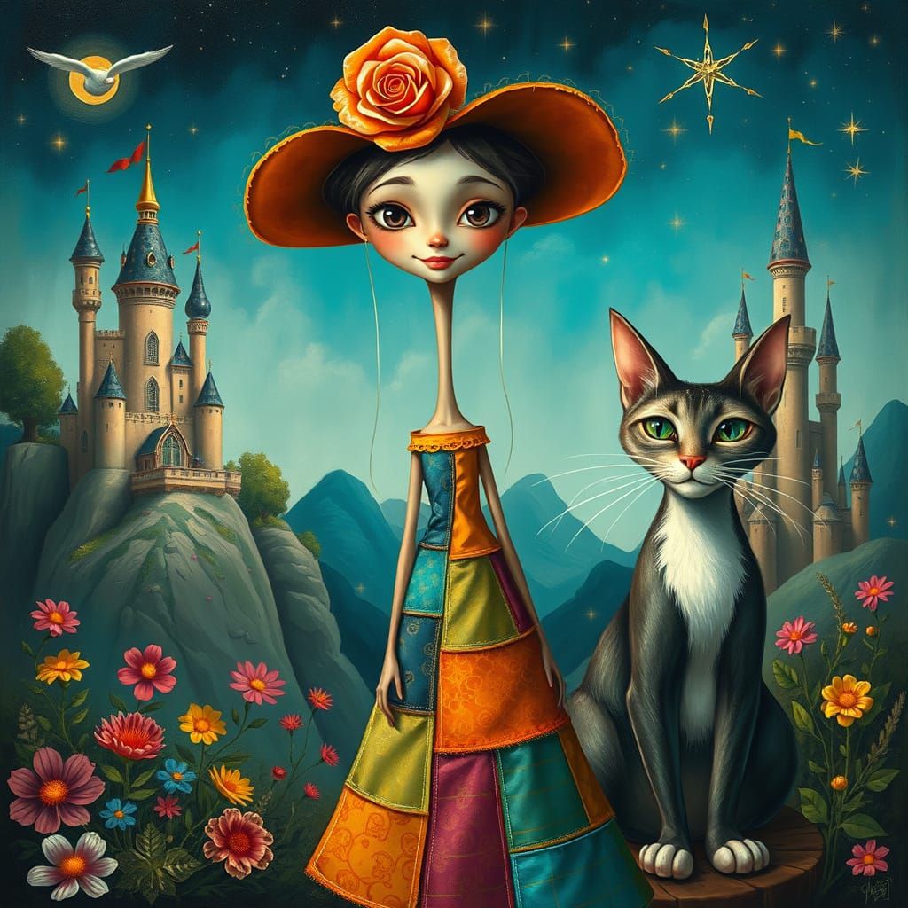 Fairytale Scene with Elongated Girl and Cat in Oil Painting ...