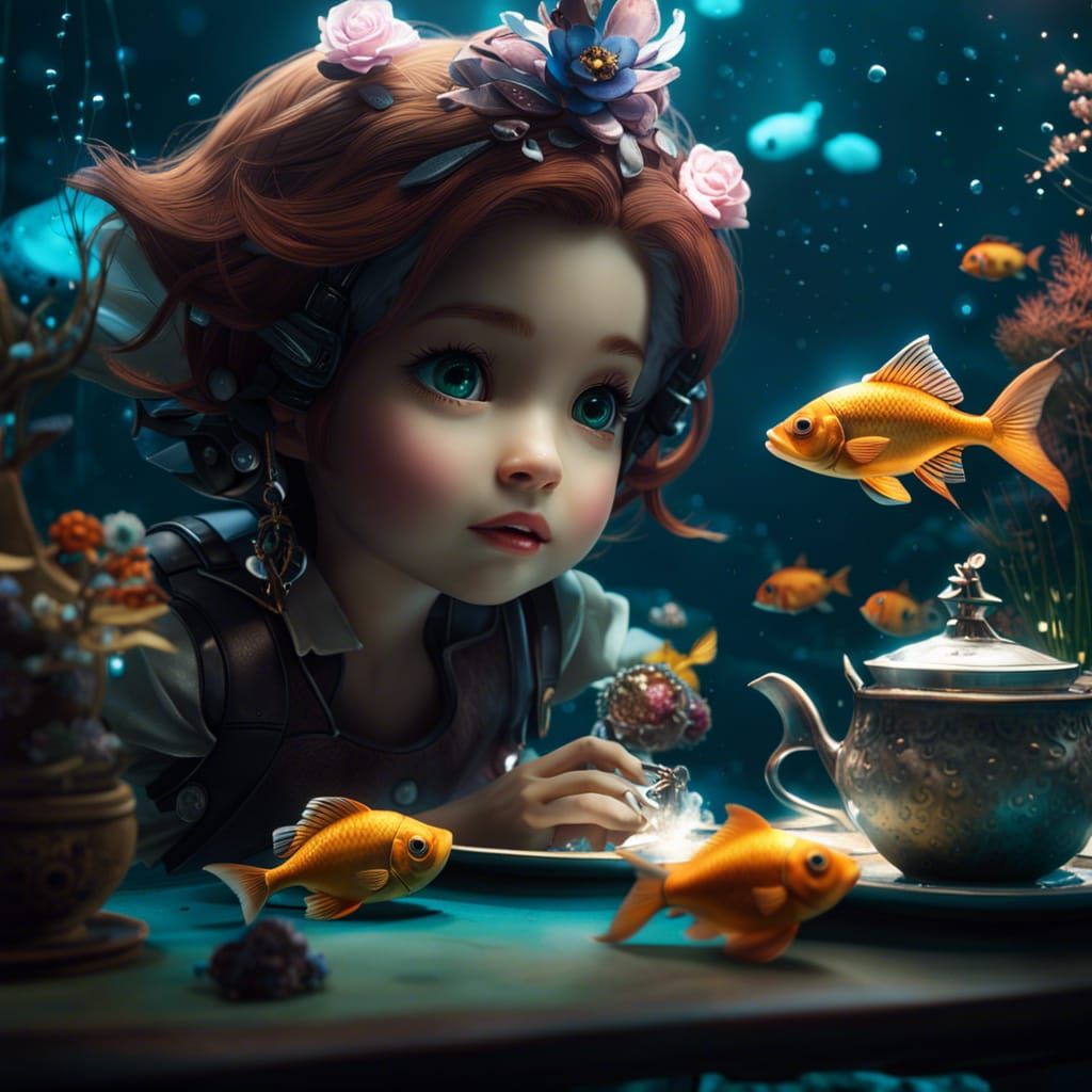 Fantastical Underwater Fish Tea Party in CGI Style